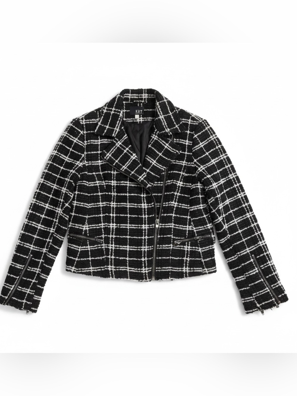 Kut from the Kloth Black and White Plaid Textured Moto Blazer